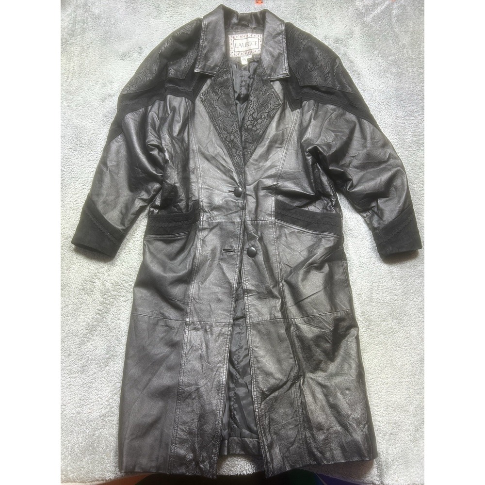 Vintage Laurice Trench Coat Women's M  Black 100%‎ Leather Long Lined Paisley